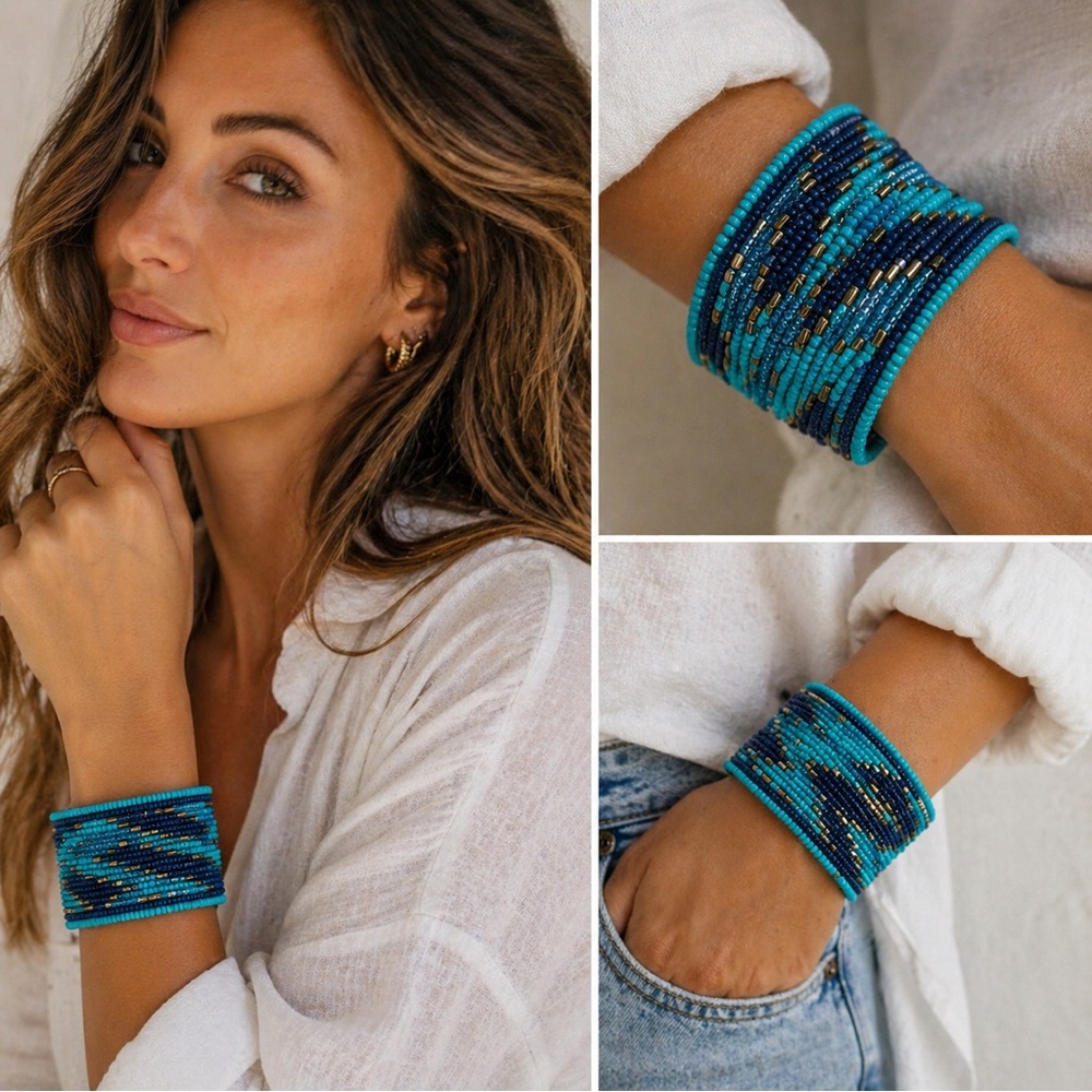 Statement Beaded Cuff Bracelet | Turquoise + Navy NWOT